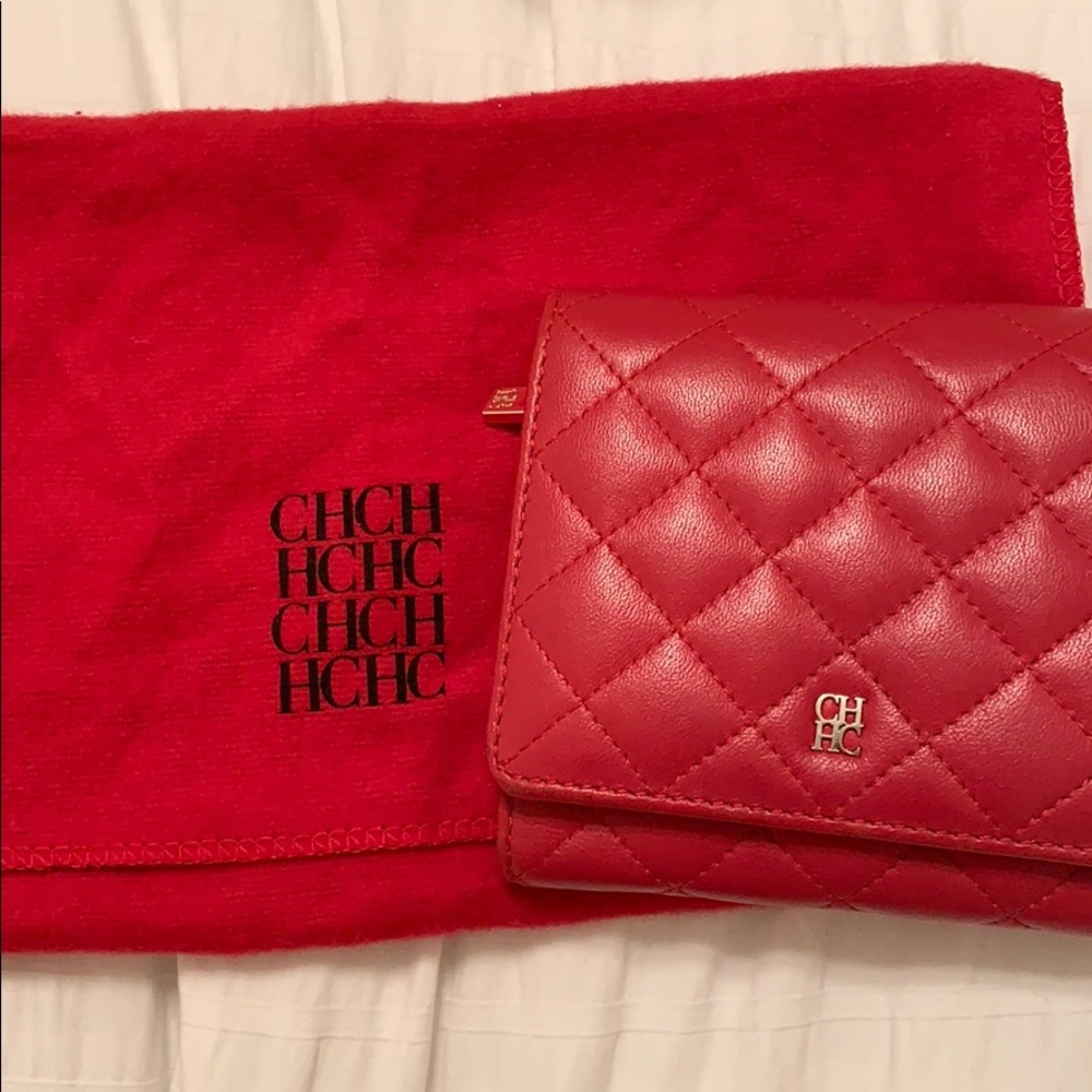 Red Carolina Herrera trifold wallet with dust bag